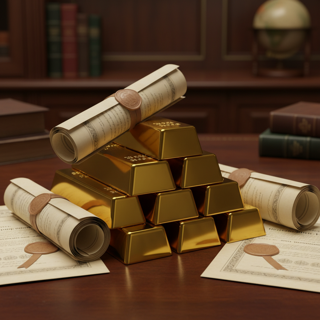 A stack of shiny gold bars and high-quality government bond documents on a dark wooden desk, luxurious and stable feel, detailed textures, no text