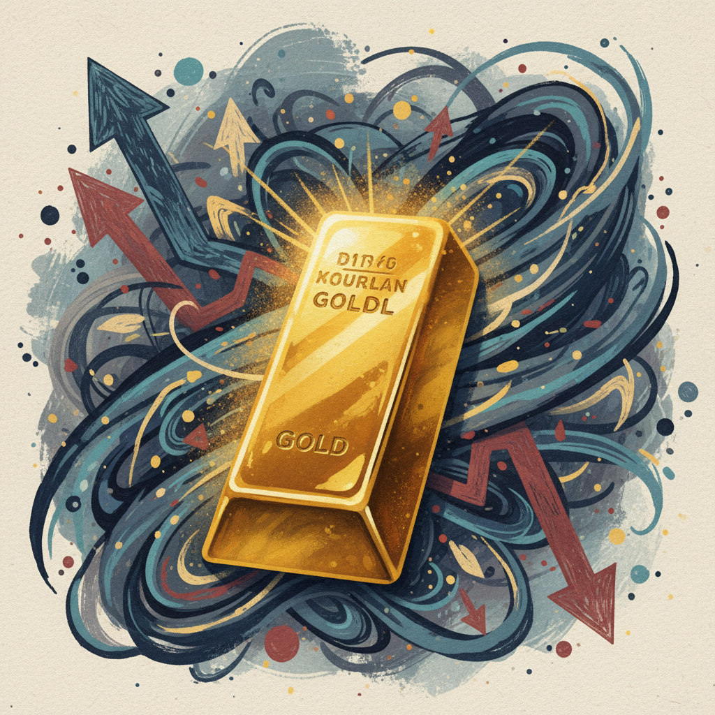 Illustration, artistic rendering, textured background. A shining gold bar standing firm amidst a stylized, slightly turbulent background representing market volatility. The overall impression is one of stability and resilience. No text.