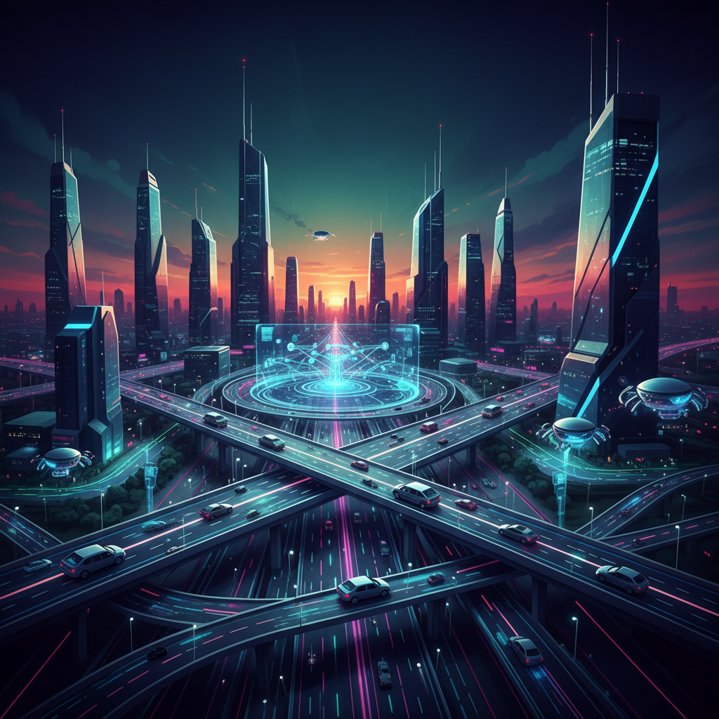 A conceptual illustration of a safe and connected autonomous transportation network in a smart city, glowing digital paths on the road, high contrast modern layout, rich colored background, no text
