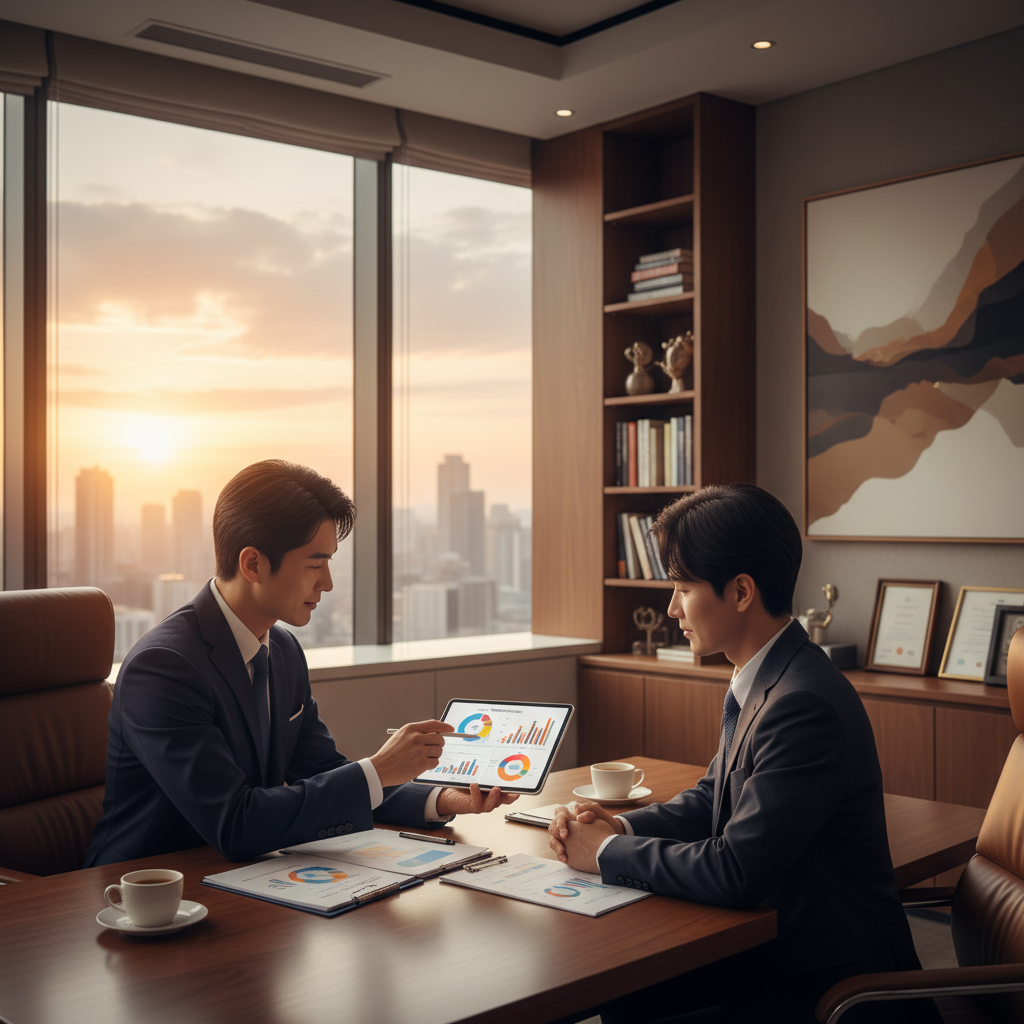 A professional financial consultant explaining investment strategy with a tablet, warm office background, Korean consultant and client, professional setting, no text