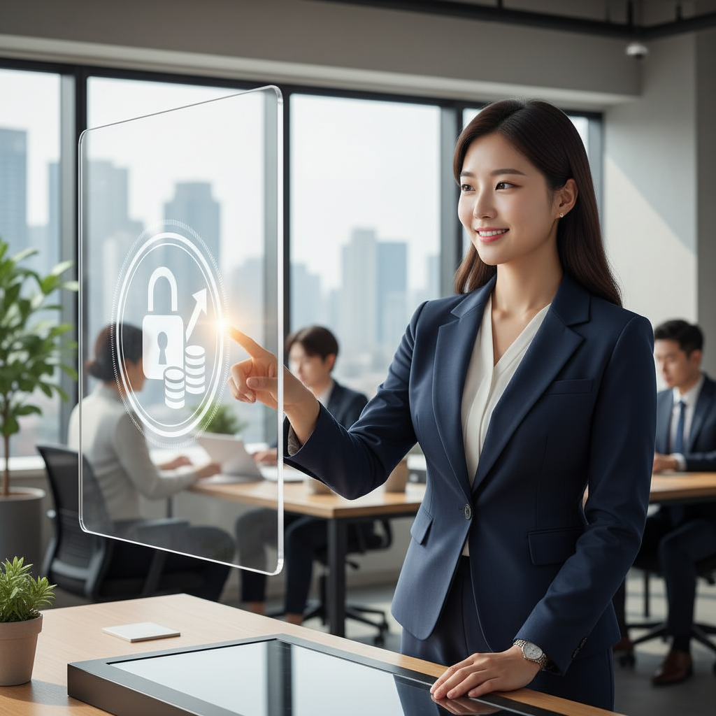 A Korean female financial advisor pointing at a digital screen with a secure investment lock icon, bright and professional atmosphere, detailed composition, no text