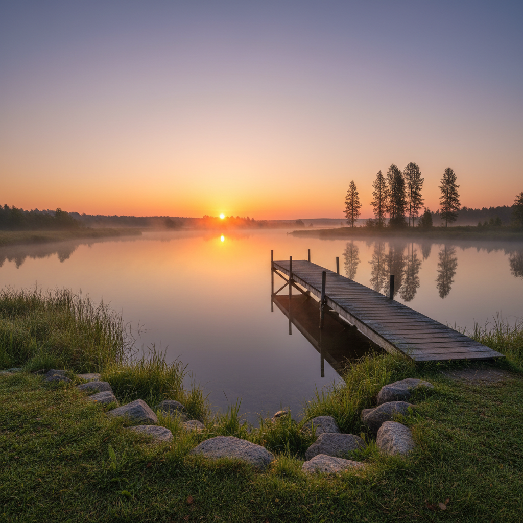 A calm and peaceful lakeside at sunrise, high quality photography, warm and balanced lighting, serene atmosphere representing financial stability, no text