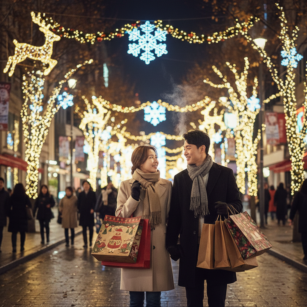 A happy Korean couple carrying a few shopping bags in a decorated street with Christmas lights at night, festive atmosphere, soft lighting, natural expression, no text