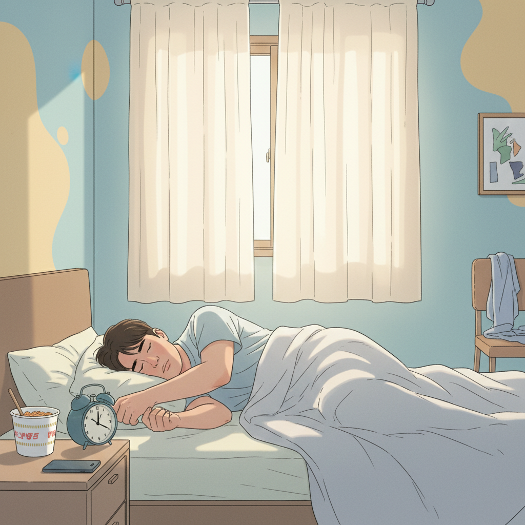 A tired Korean office worker lying in bed, reluctantly reaching to turn off a blaring alarm clock, early morning light filtering through curtains, bedroom scene, soft light, lifestyle photography, natural facial expression, colored background, no text