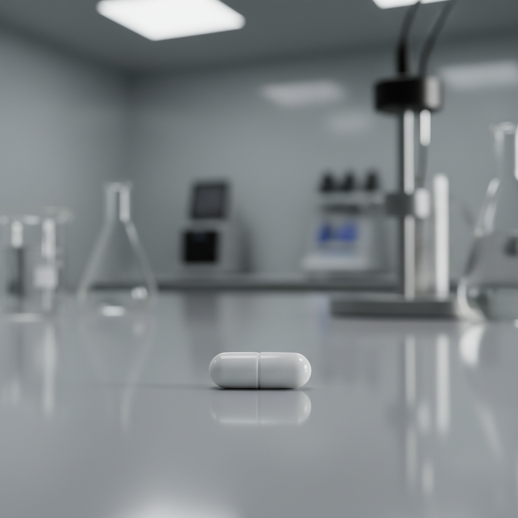 A single medicine pill on a sleek medical laboratory table, soft lighting, professional healthcare setting, no text