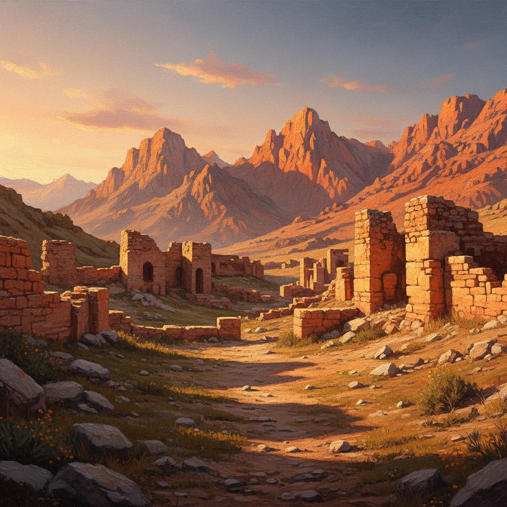 Panoramic view of the ancient Al Qal'a of Beni Hammad ruins in Algeria, set against rugged mountains, artistic rendering, golden hour lighting, rich textures, no text