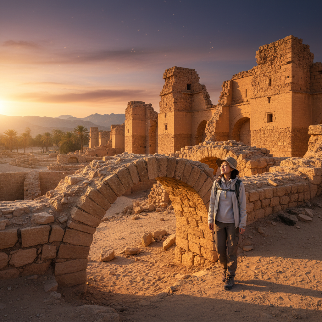 A Korean traveler exploring the historical ruins of Beni Hammad in Algeria, cinematic lighting, natural expression, textured background, no text
