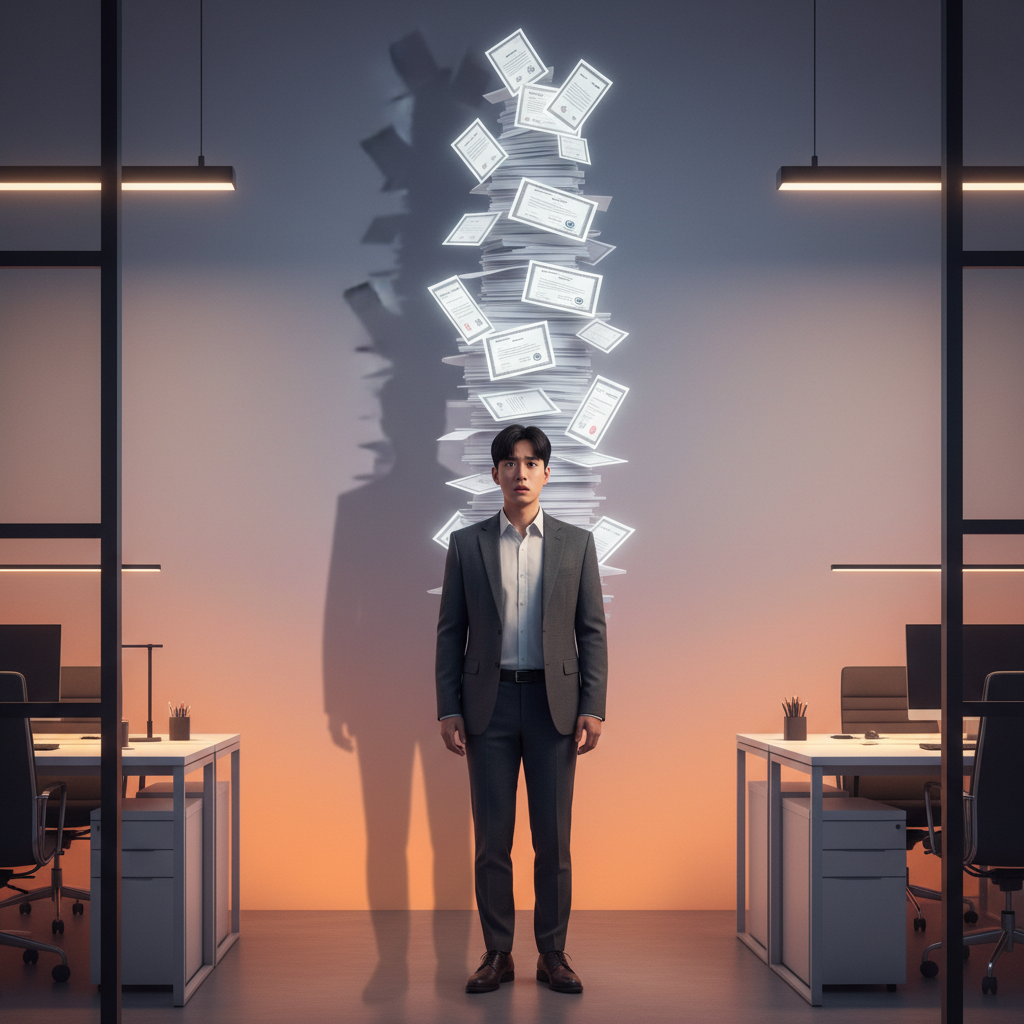 A young Korean person looking anxiously at a shadow figure of another person with an impossibly tall stack of achievements and certificates. The scene is set in a modern office environment with warm, low-key lighting and a gradient background. No visible text, natural expression, centered focus.