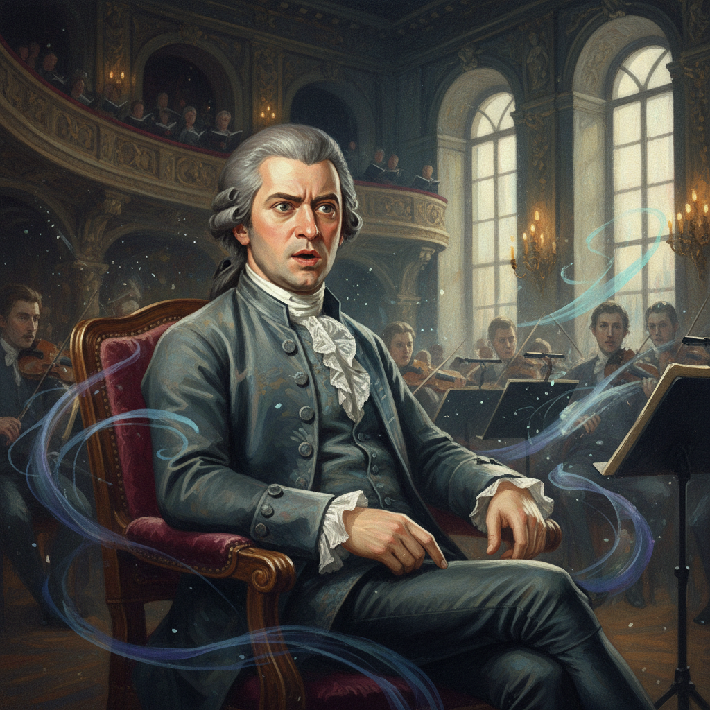 A detailed illustration of Mozart in 1800s attire, sitting in a dimly lit, classical music hall, his expression a mix of awe and thoughtful concentration as he listens to a powerful symphony. The atmosphere is intense and dramatic. Style: artistic rendering, textured background. No text.