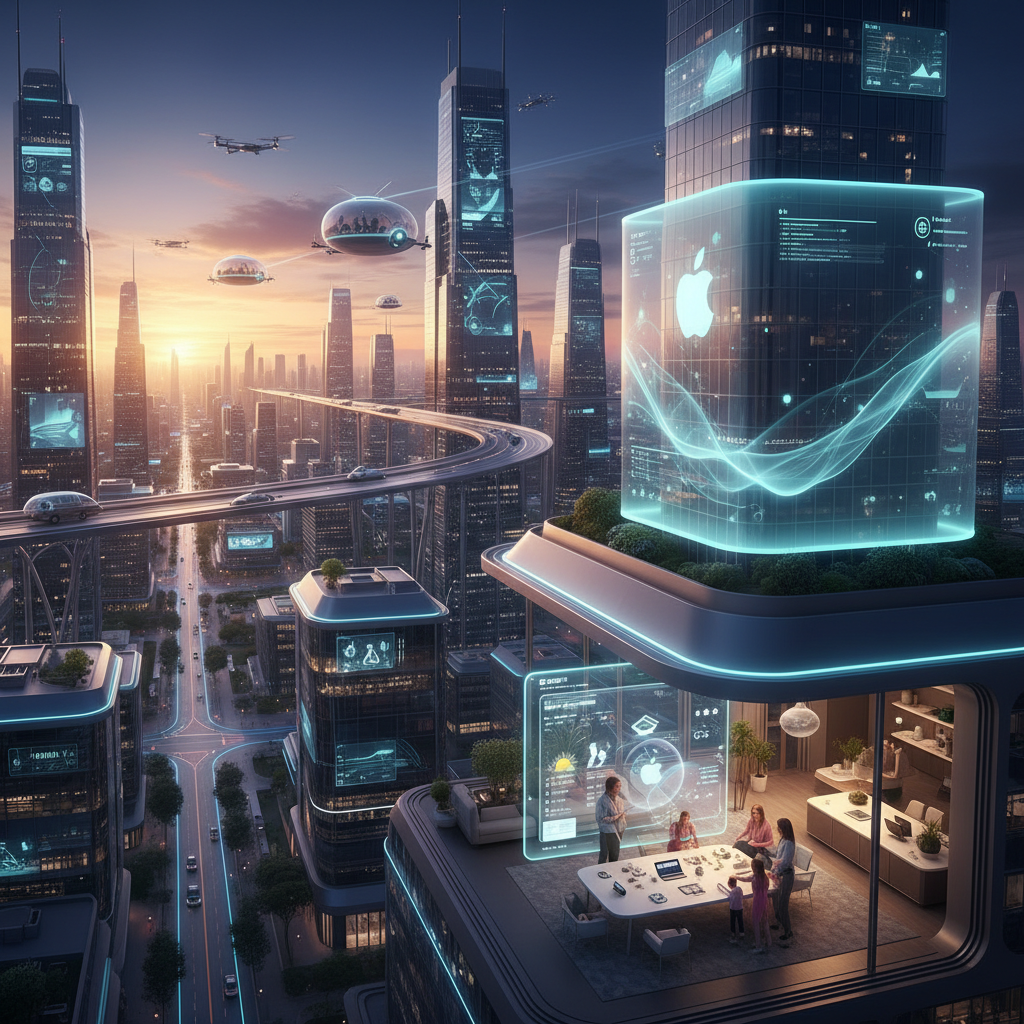 A futuristic cityscape showcasing advanced Apple AI seamlessly integrated into daily life, smart homes, and transportation, with a focus on clean, intuitive interfaces and personalized experiences, warm lighting, vibrant colored background, no text