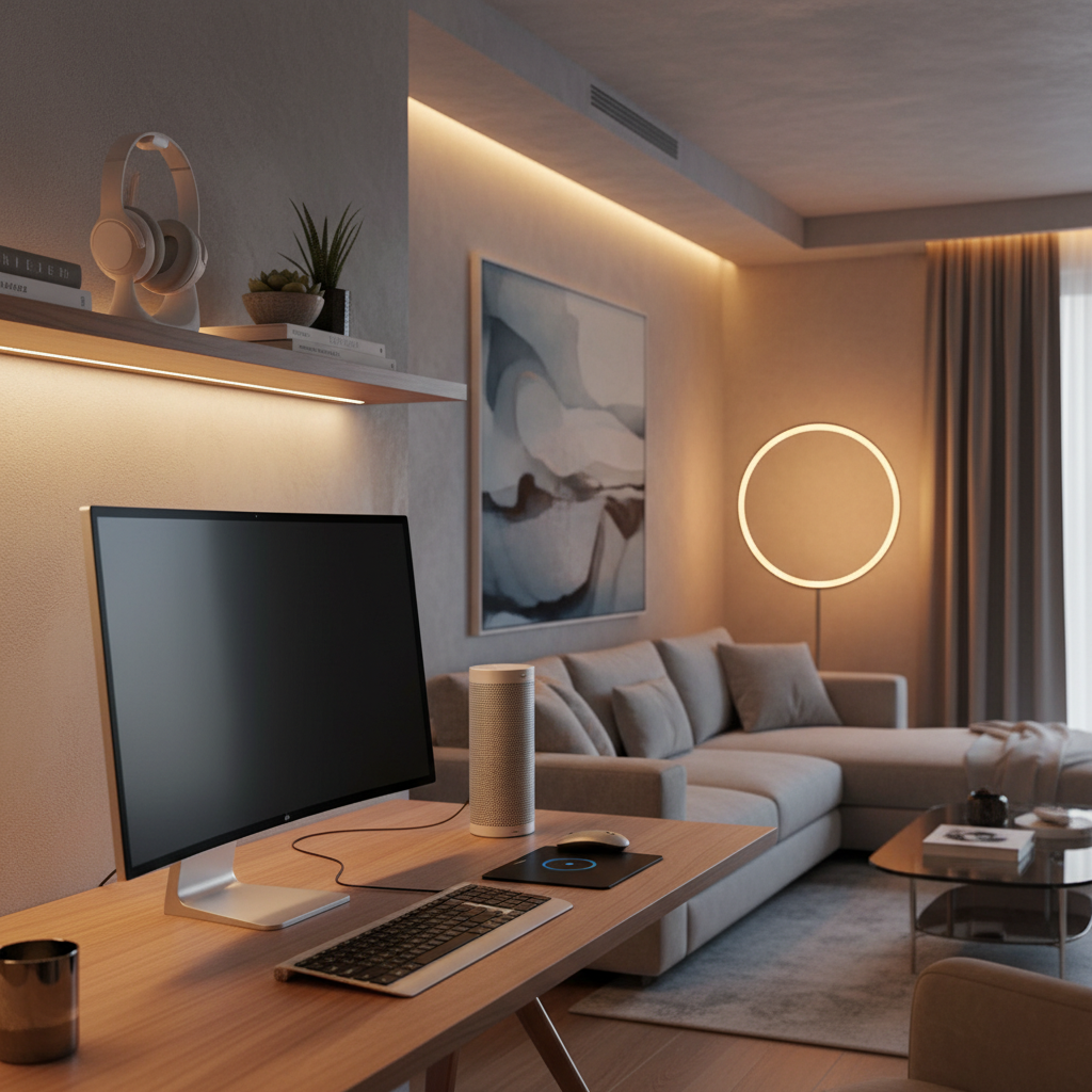Sleek technology design elements inspired by Apple products, modern lifestyle setting, warm lighting, high quality, no text