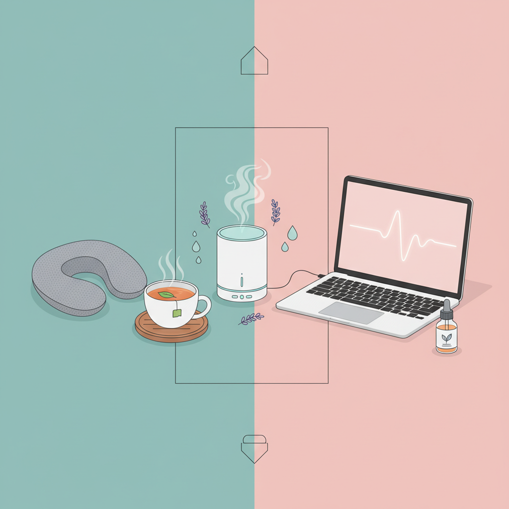 Various self-care items like a comfortable neck pillow, a warm cup of tea, and a calming essential oil diffuser placed on a desk next to a laptop, clean infographic, modern layout, high contrast, colored background, no visible text