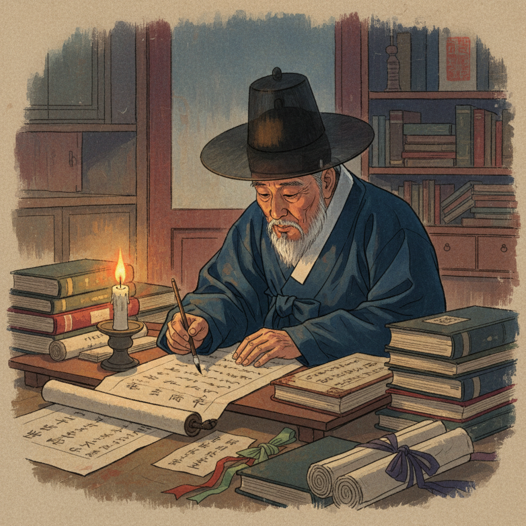 An ancient Korean scholar or official working diligently by candlelight late at night, surrounded by scrolls and books, traditional illustration, artistic rendering, textured background, no visible text