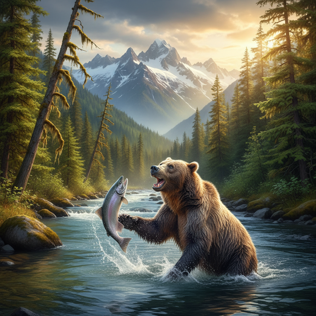 A majestic grizzly bear fishing for salmon in a pristine river, surrounded by lush green forests and snow-capped mountains in the background, warm lighting, natural setting, colored background, no visible text