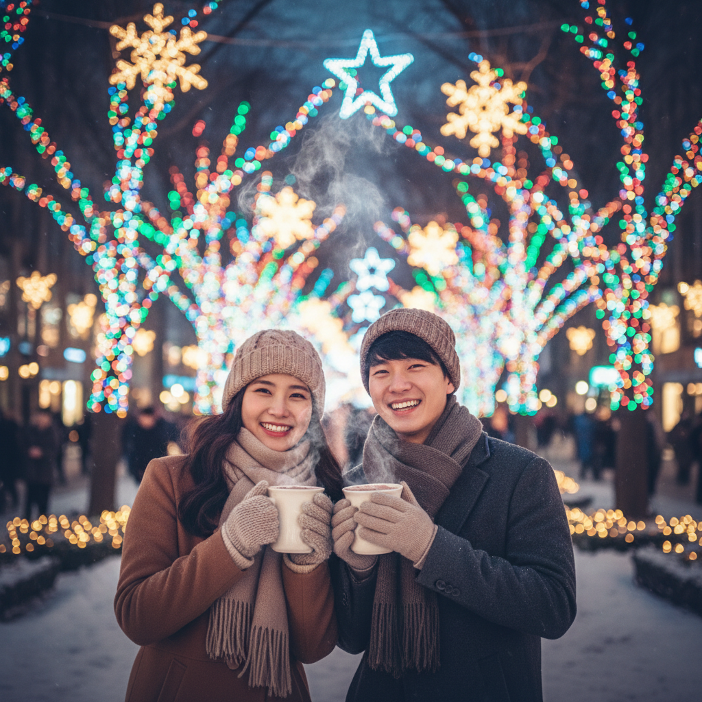 A Korean couple holding mugs of hot chocolate outdoors near festive holiday lights, winter clothing, warm and happy atmosphere, colored background, no text