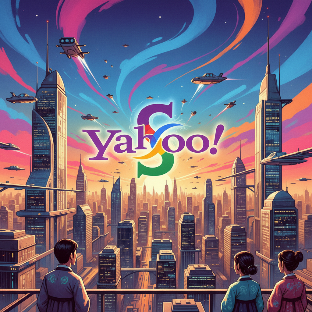 A retro-futuristic illustration of Yahoo and Google logos merging, set against a vibrant, tech-infused cityscape with flying cars, warm lighting, no text, colorful gradient background, Korean appearance if any people needed