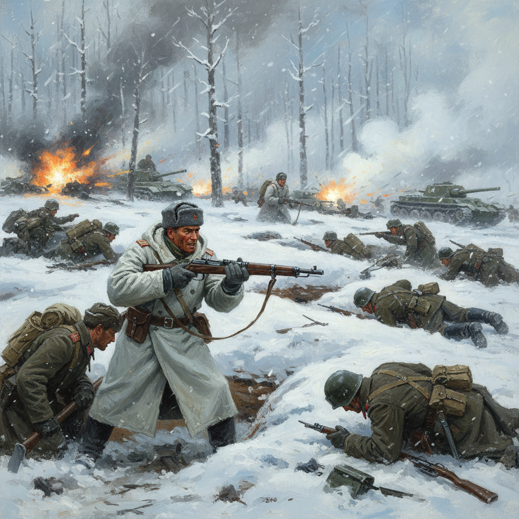 An illustration showing fierce winter combat around Moscow, with determined Soviet soldiers defending against German forces amidst heavy snow and ice. The scene should convey desperation and resilience, with a textured background that adds to the grim reality. Bright lighting, no visible text.