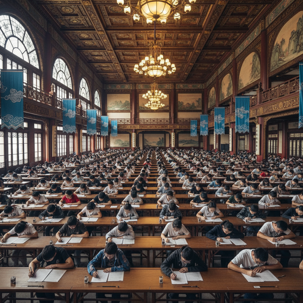 A vast hall filled with numerous young Chinese candidates intensely taking a civil service exam, a sense of immense competition, realistic photography, bright lighting, rich background, no text, aspect_ratio: 4:3