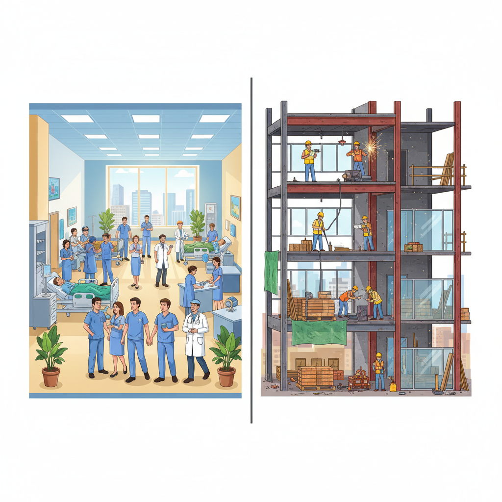 A split screen illustration showing a thriving hospital interior on one side and a quiet office construction site on the other, professional layout, vivid colors, no text