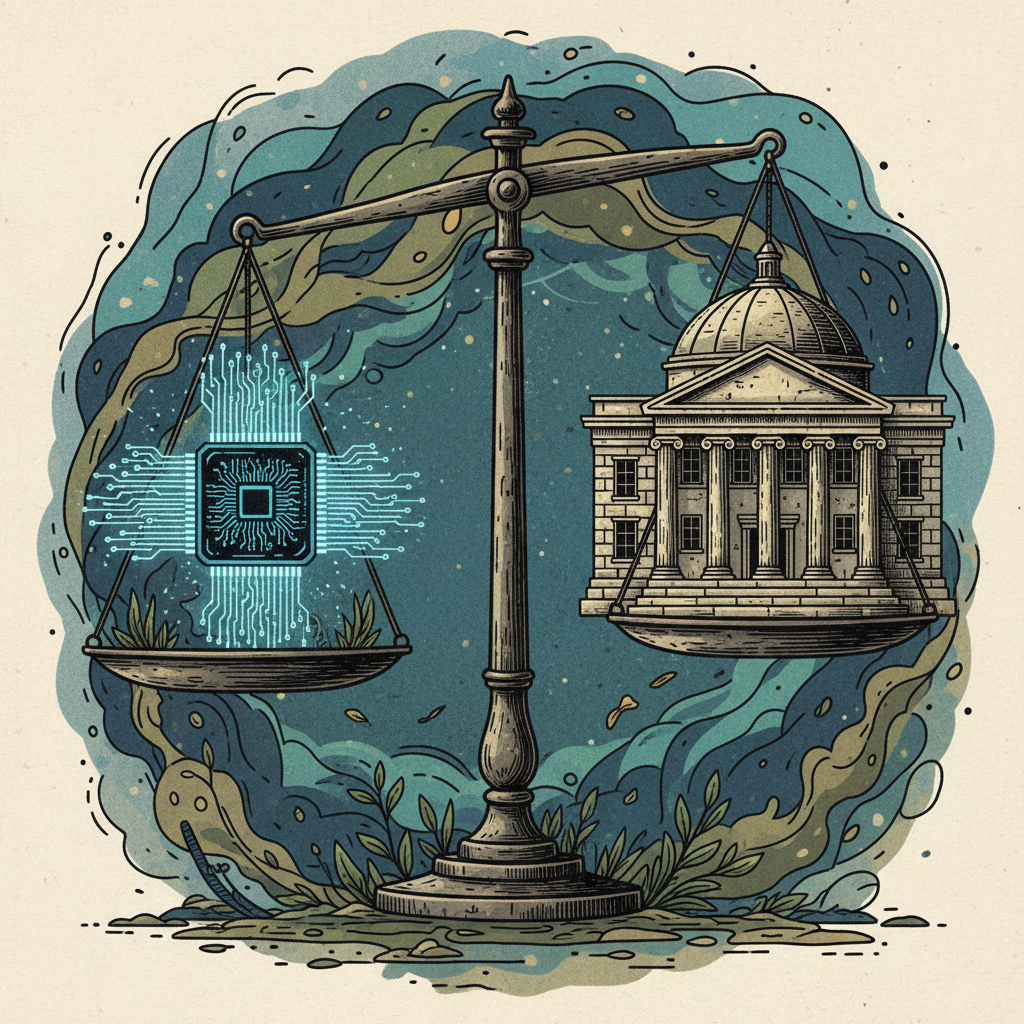 Illustration of a scale balancing a digital chip and a traditional bank building, artistic rendering, textured background, no text