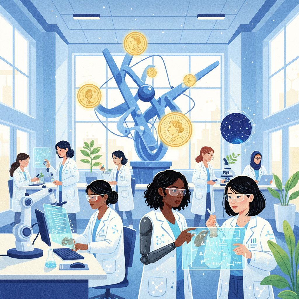illustration, a diverse group of empowered female scientists from various fields working collaboratively in a bright, modern research facility, with a subtle nod to Marie Curie's legacy or a representation of multiple Nobel Prize medals. Artistic rendering, textured background, bright background. No text.