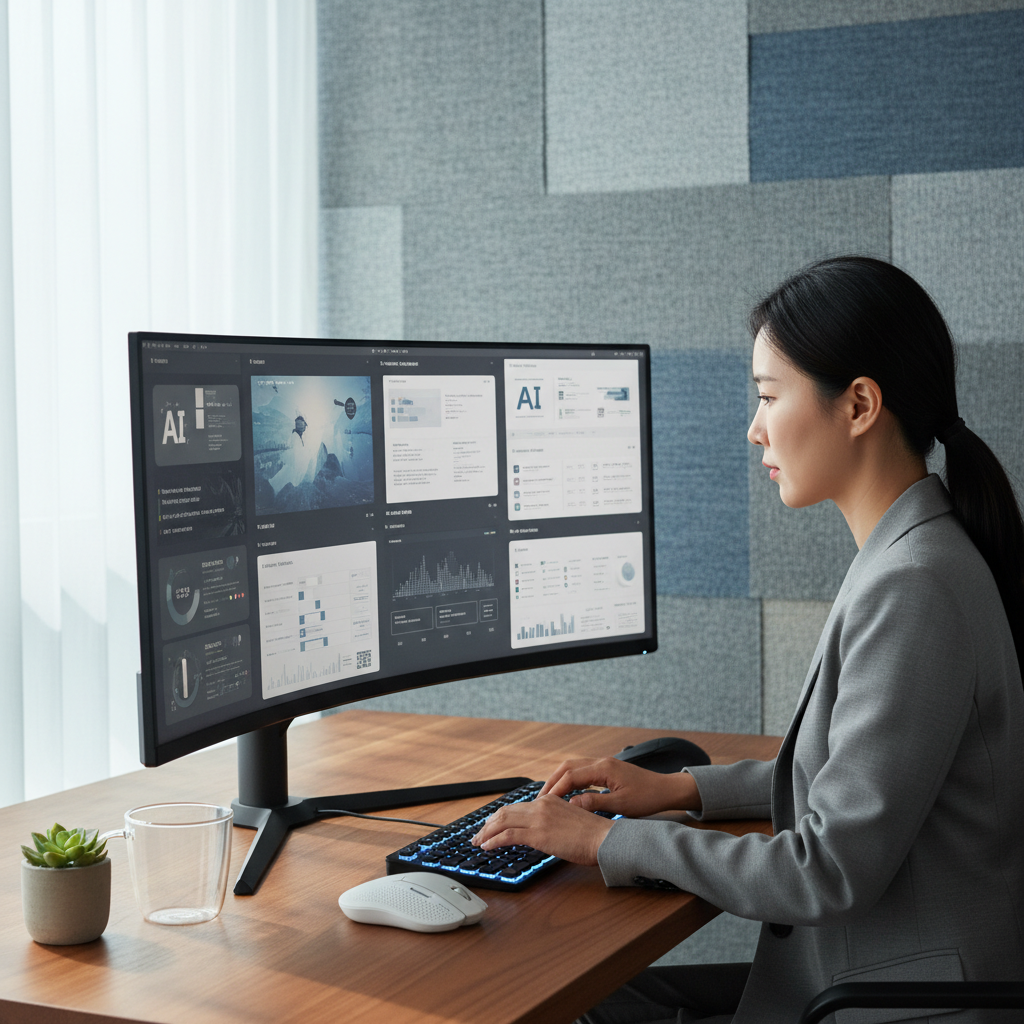 A realistic depiction of a Korean female professional efficiently using AI tools at a desk, bright and balanced lighting, textured background, 4:3 aspect ratio, no text
