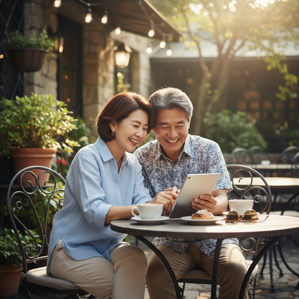 A happy middle-aged Korean couple relaxing at a beautiful outdoor cafe, smiling while looking at a tablet, warm sunlight, lifestyle photography, high quality, no text