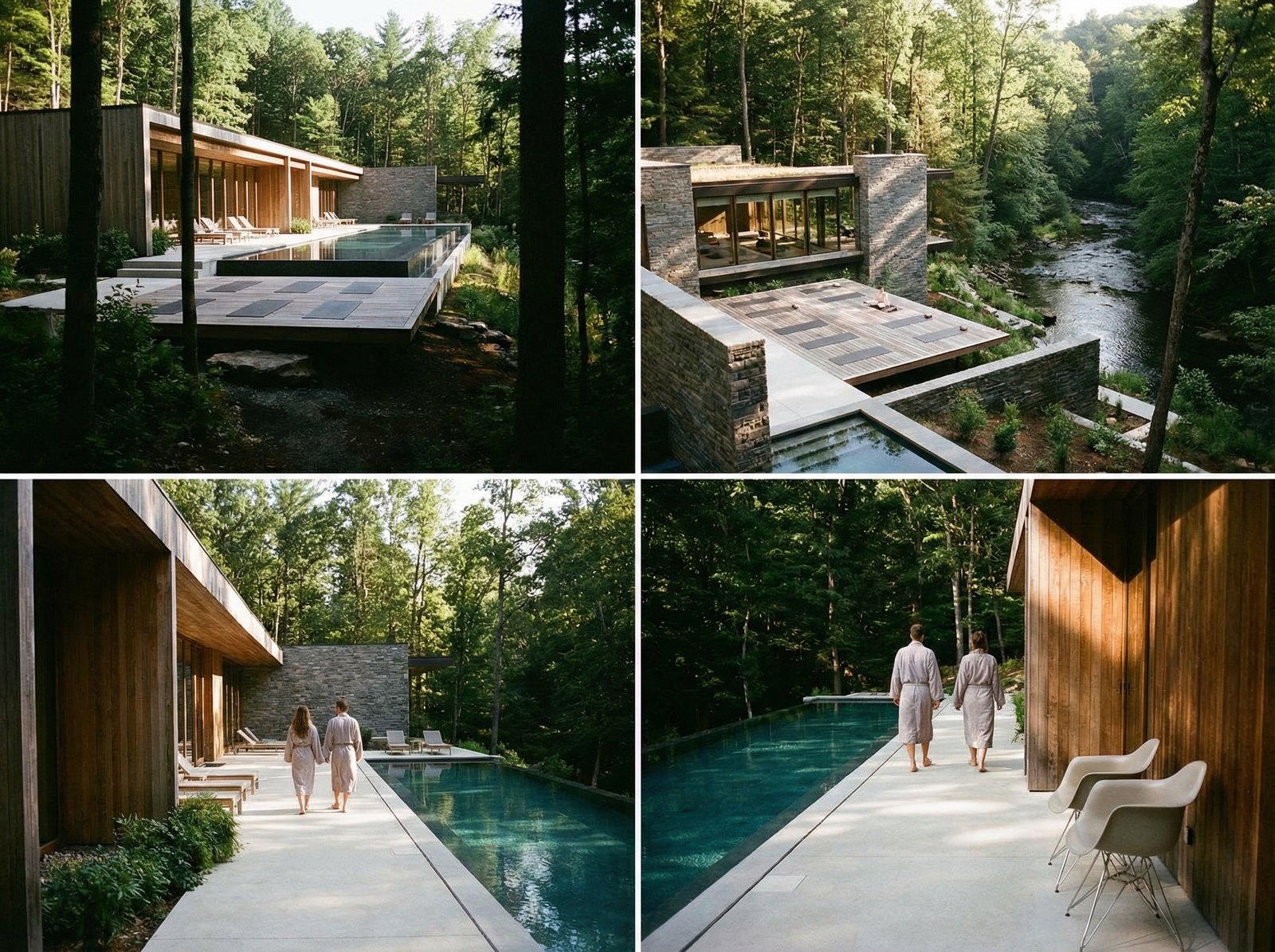 A serene wellness resort surrounded by lush forest, modern architecture, clean layout, soft natural lighting, high contrast, 4:3