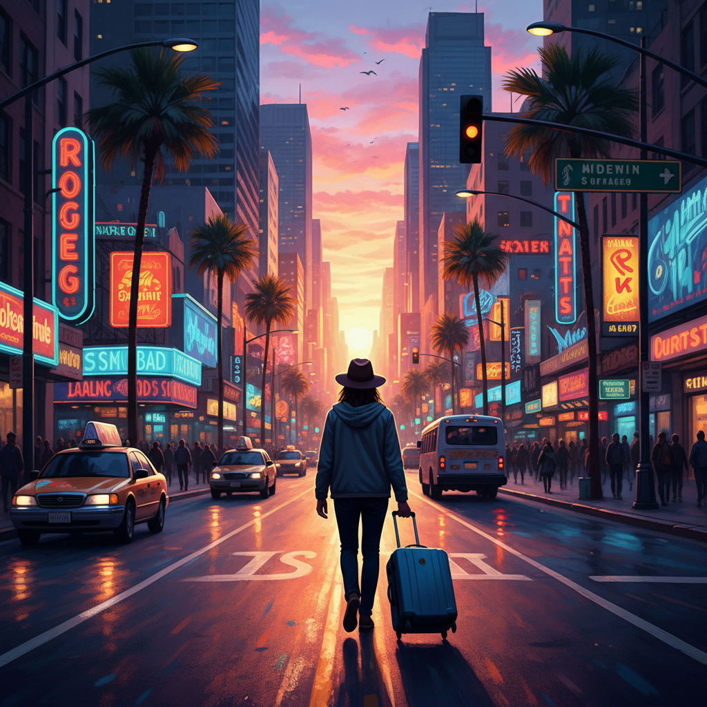 A person walking towards a bright city street with a suitcase, travel theme, vibrant colors, centered focus, no text