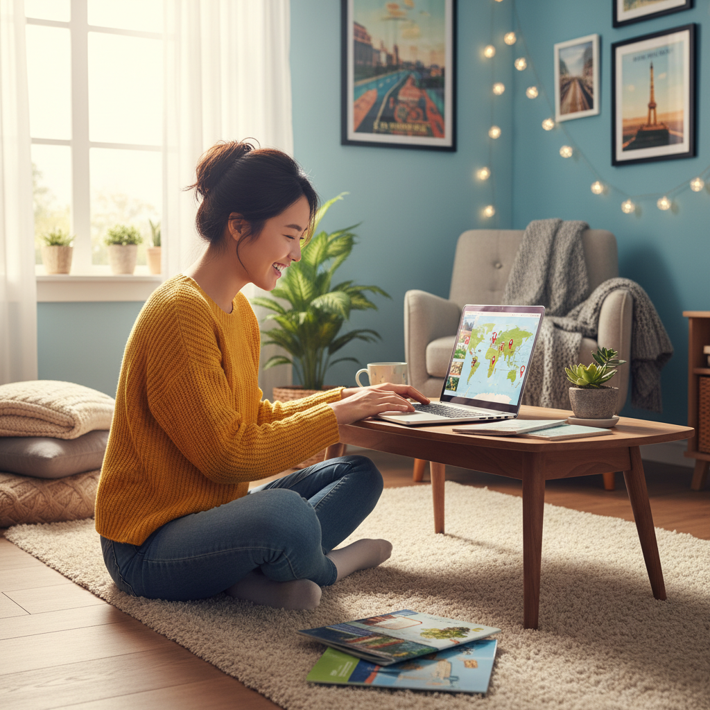 A cheerful Korean woman planning her next trip using a laptop in a cozy room, warm natural lighting, lifestyle photography, vibrant colors, no text