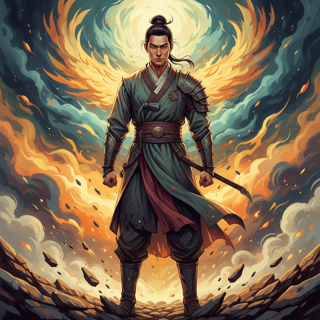 A powerful illustration of a Korean person with determined expression, symbolizing resilience and overcoming adversity, perhaps standing tall after a fall, artistic rendering, vibrant and textured background, no text, Korean appearance