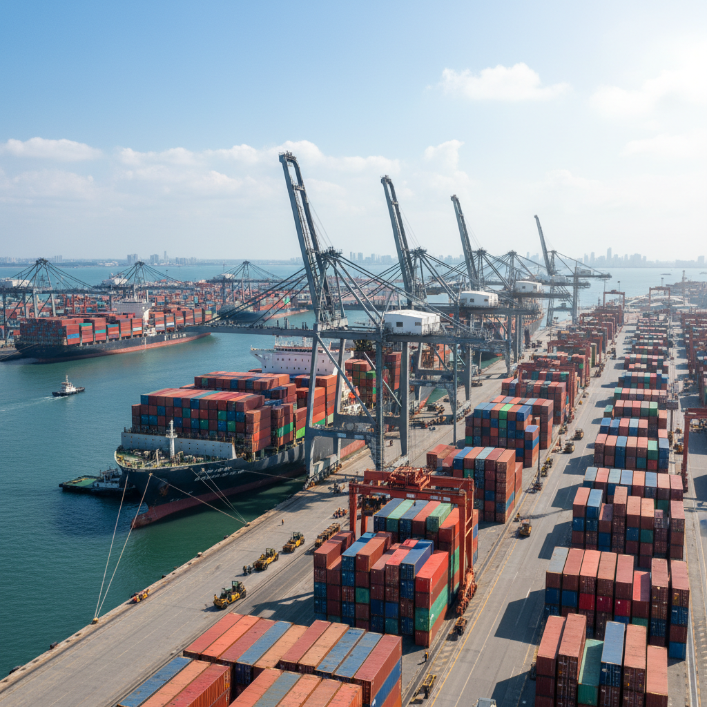 A dynamic scene of a bustling port with cargo ships and numerous shipping containers, reflecting robust export activity, bright lighting, textured background, no text, 4:3 aspect ratio