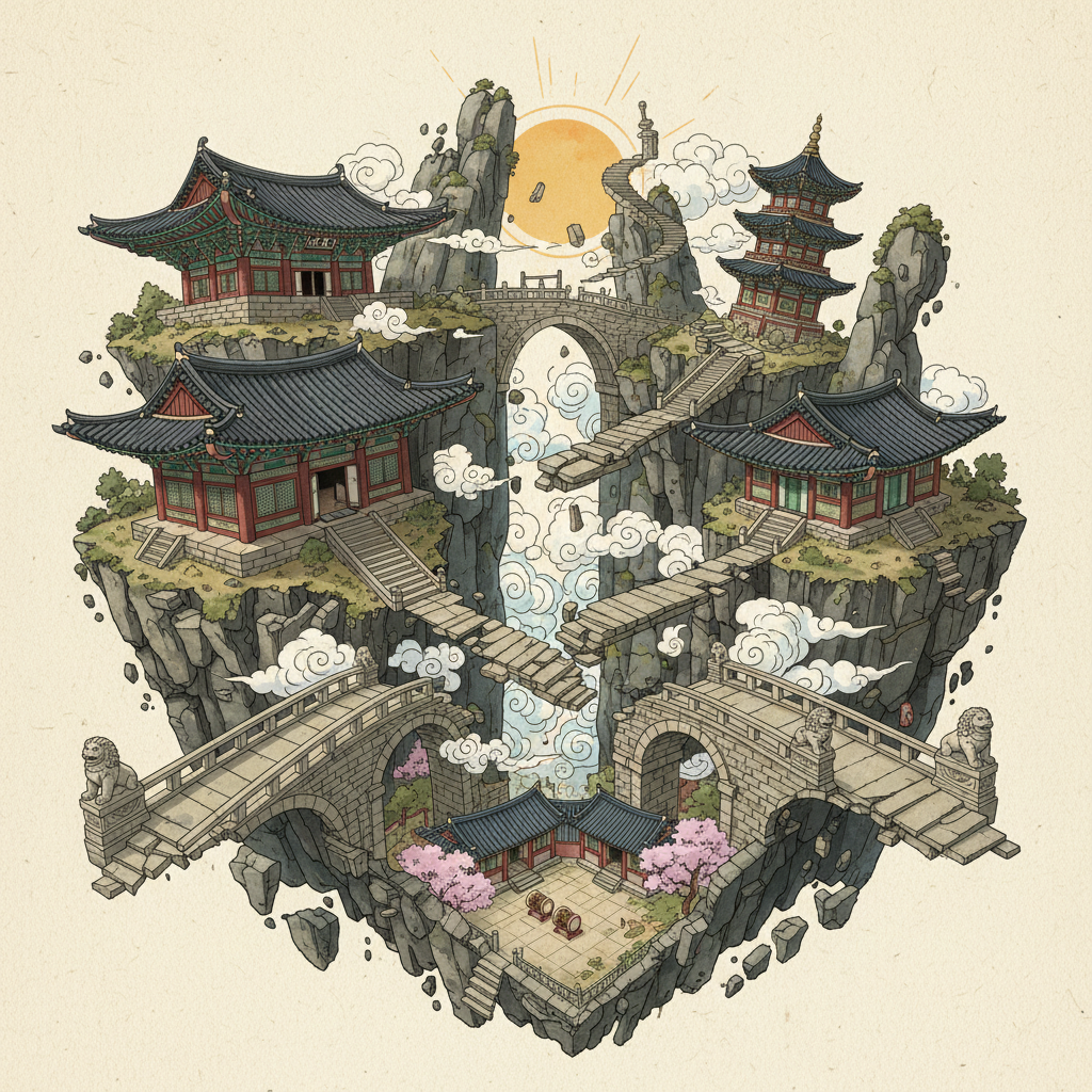 Illustration depicting a blend of ancient architecture rising and falling, with subtle Korean historical elements, artistic rendering, textured background, no text.