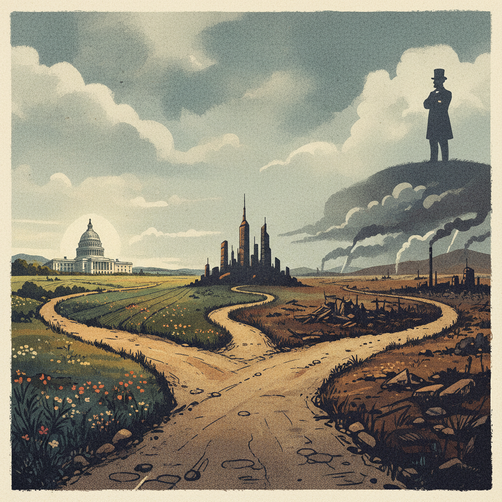 illustration, artistic rendering, textured background depicting a metaphorical crossroads, with paths representing different historical outcomes, and a subtle silhouette of Lincoln observing from a distance. No visible text. Style: historical illustration, textured background.