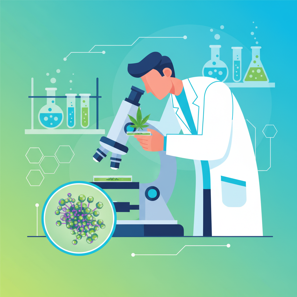 A scientist in a laboratory examining a cannabis sample under a microscope, clean infographic style, detailed composition, bright lighting, colored background, no text, 1:1 aspect ratio