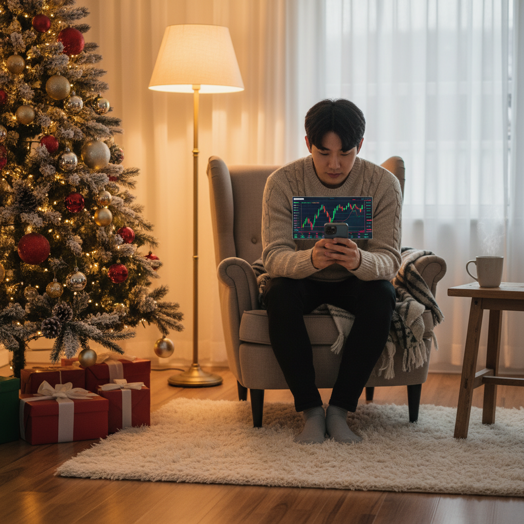 A person checking a smartphone with stock charts in a cozy room with a Christmas tree, warm indoor lighting, Korean appearance, lifestyle photography, no text