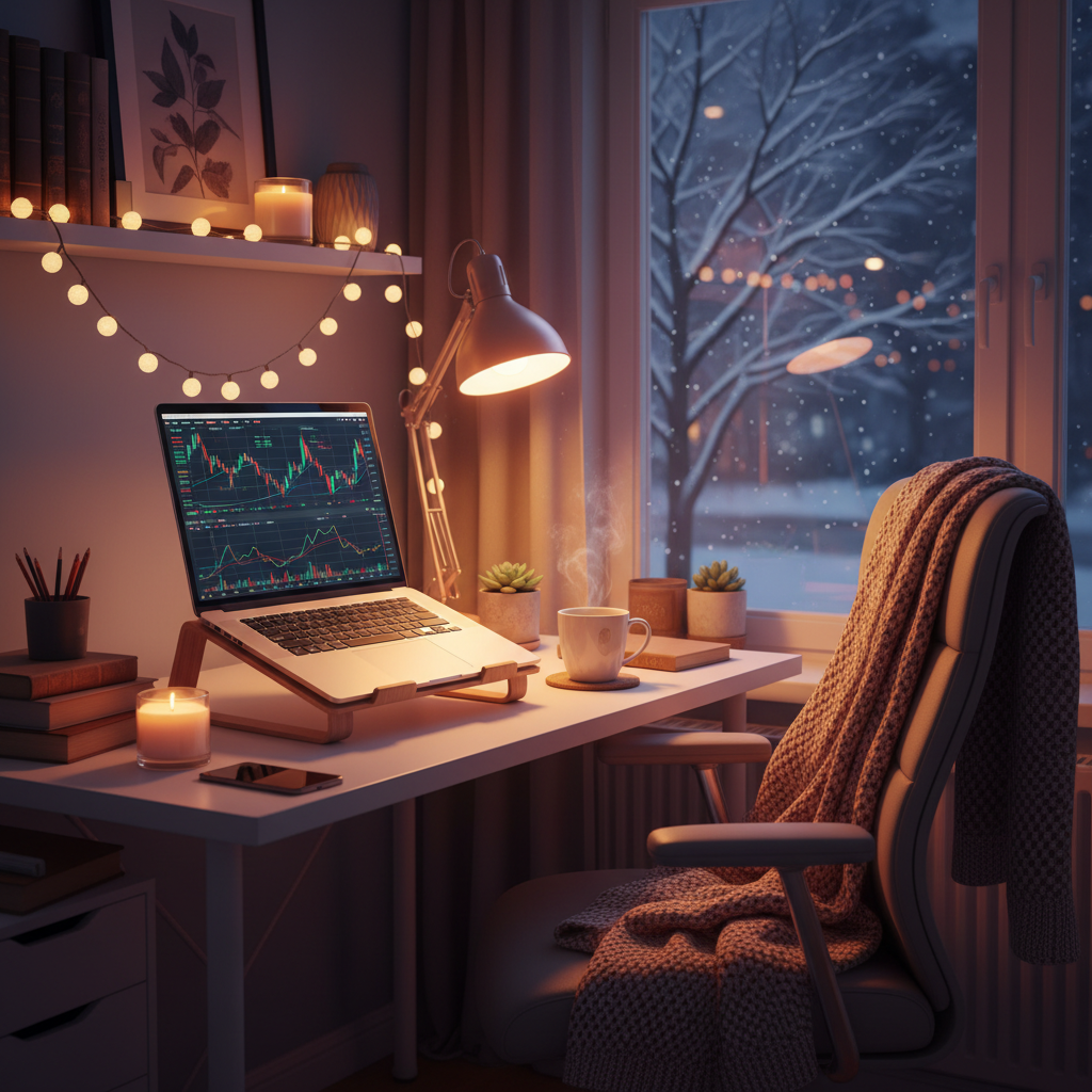 A cozy office desk with a laptop showing stock charts during winter evening, warm indoor lighting, colored background, no text