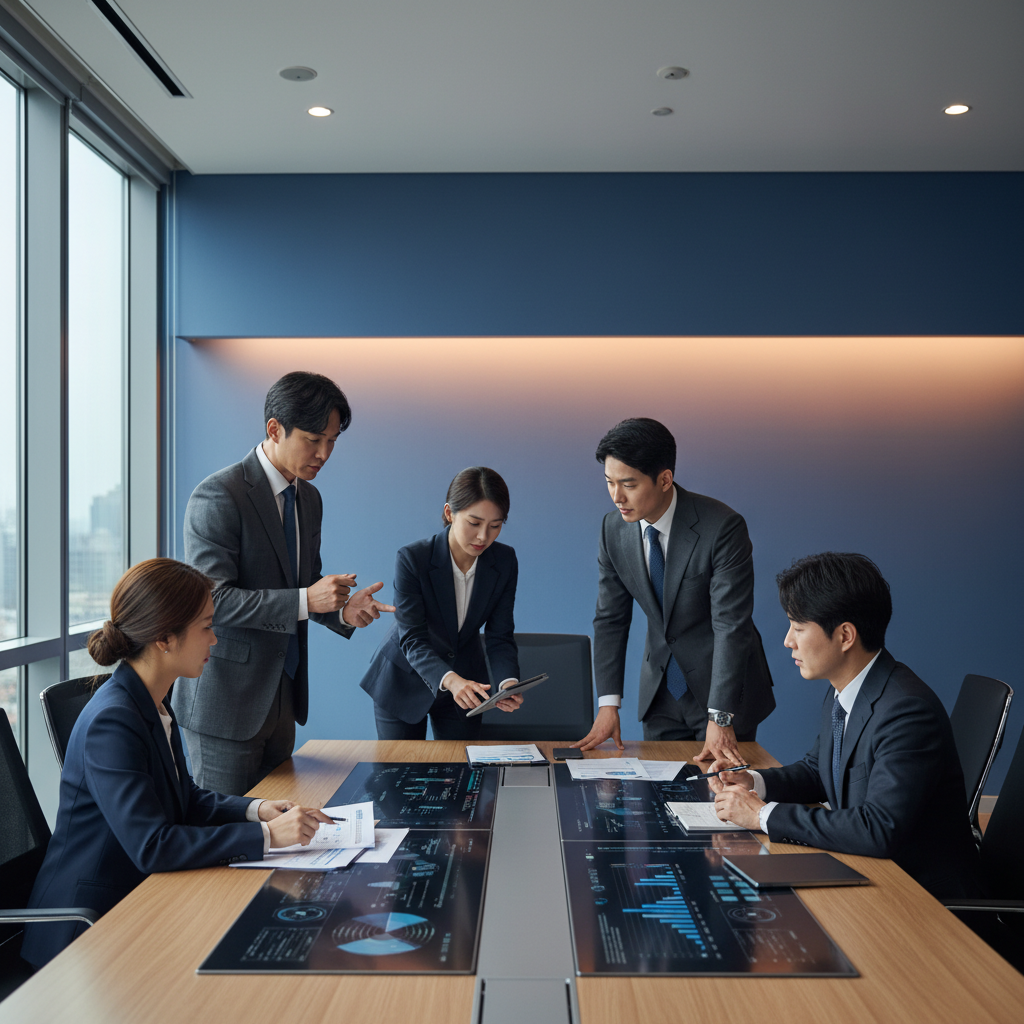 A serious meeting scene with financial professionals discussing interest rates, modern office setting, bright balanced lighting, colored background, no text, Korean appearance