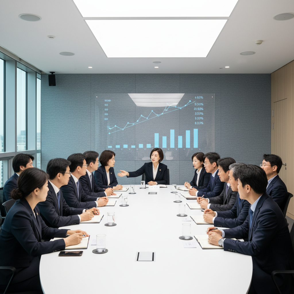 A group of diverse Korean economists and policymakers in a modern conference room, engaged in a thoughtful discussion, with charts and data subtly displayed on a screen in the background, symbolizing consensus-building in interest rate decisions. The lighting is bright and balanced, with a textured background, no text.