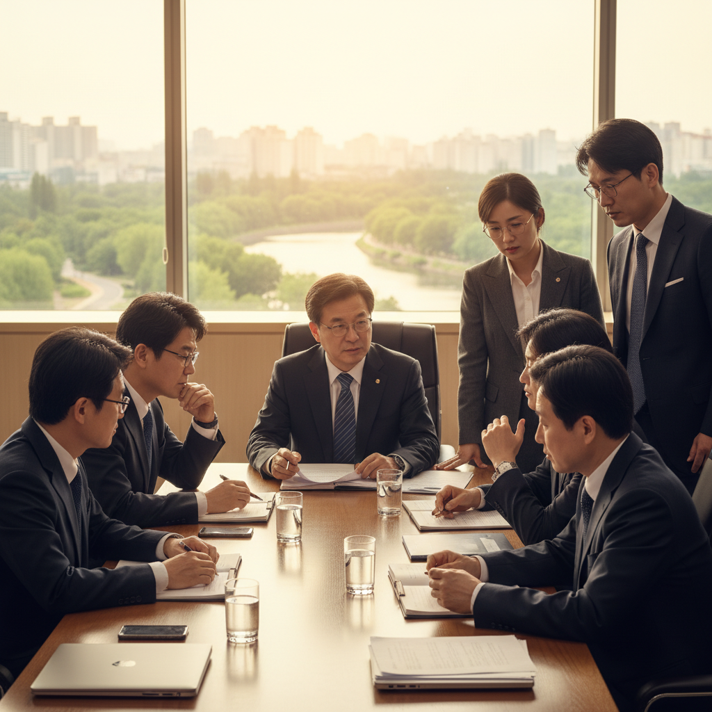 A group of Korean policymakers in a professional meeting setting, deep in discussion, looking thoughtful amidst a blurred office background, warm lighting, natural setting, no text