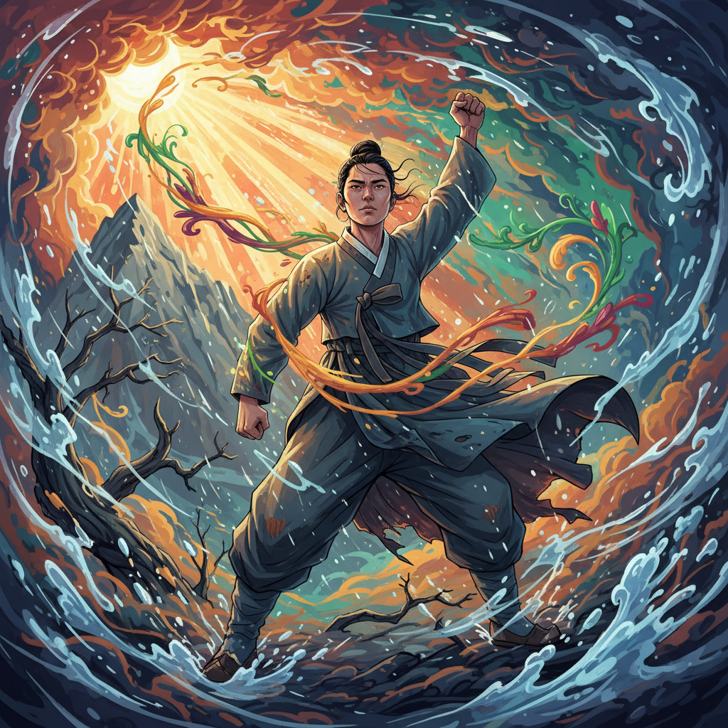 Illustration of a Korean person standing resiliently against a symbolic representation of life's challenges (e.g., wind, rain), emerging stronger. Artistic rendering, dynamic colored background, no text.