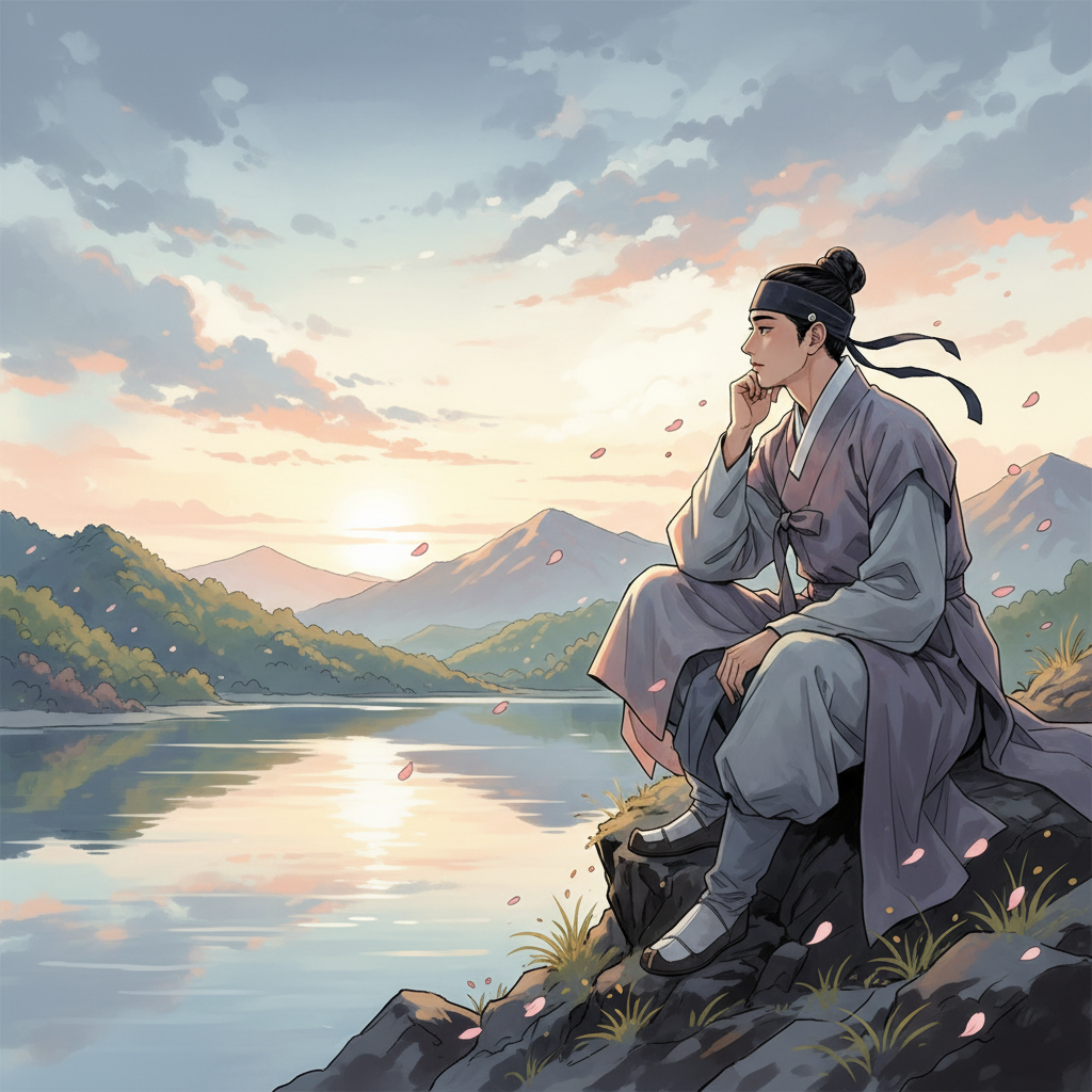 Illustration of a thoughtful Korean person in a serene setting, perhaps on a mountain peak or by a calm lake, contemplating life's changes. Artistic rendering, gradient background, no text.