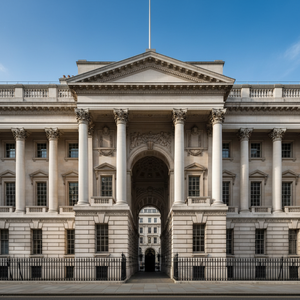 The Bank of England building facade in London, professional and clean architectural photography, soft daylight, blue sky, high contrast, no text