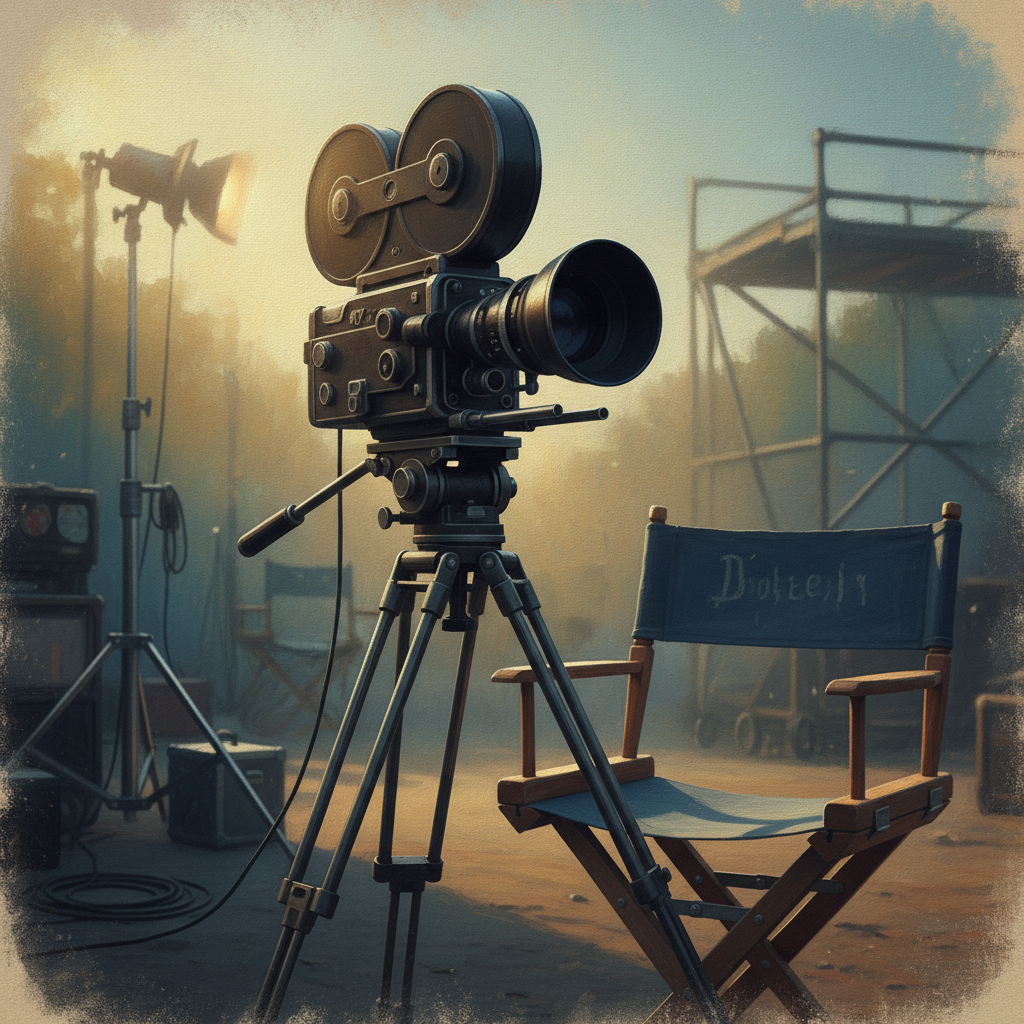 A close up of a vintage film camera and a director chair on a quiet movie set, soft evening light, artistic rendering, textured background, no text