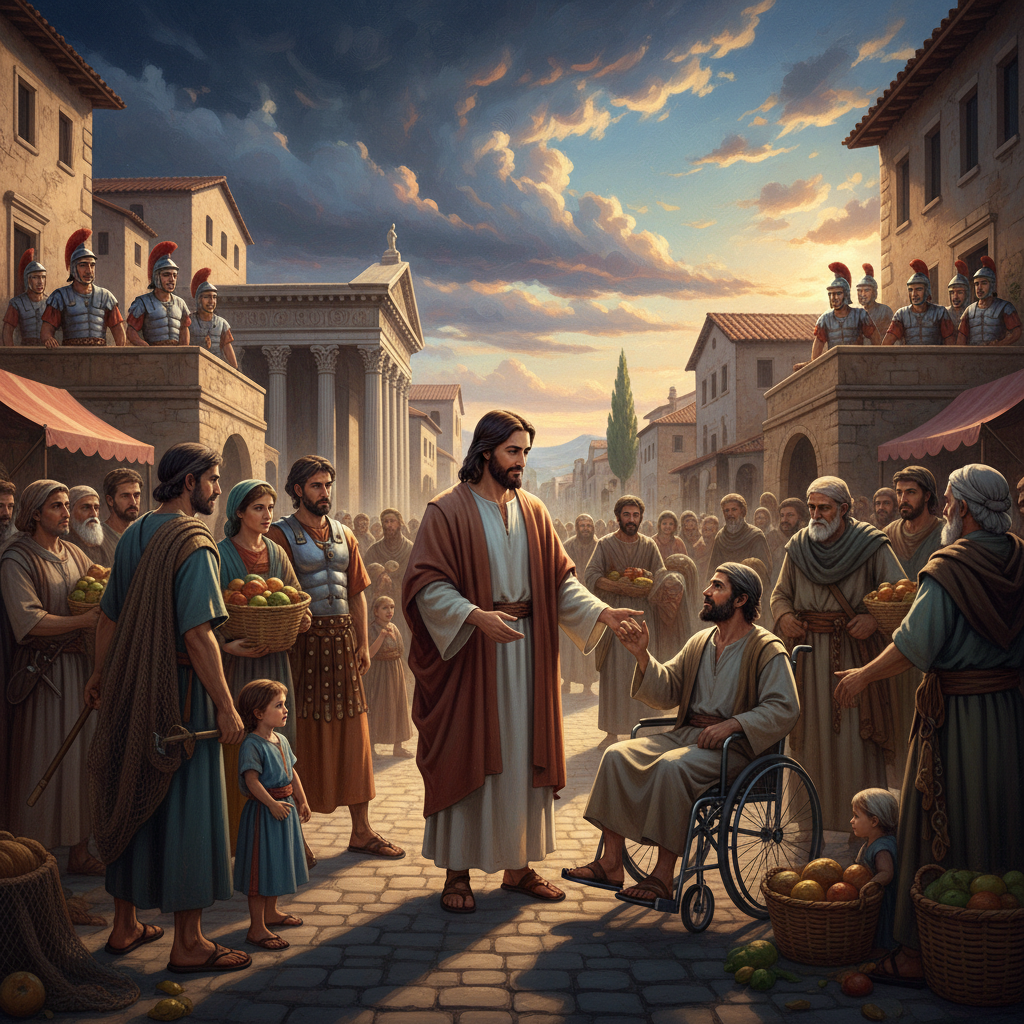 An atmospheric illustration showing Jesus engaging with diverse groups of people in a Roman provincial town. Soldiers are visible in the background, observing with a mix of suspicion and curiosity. The scene is set under a dramatic sky with ancient Roman architecture, highlighting cultural tension and social interaction. Textured background, no text, artistic rendering.