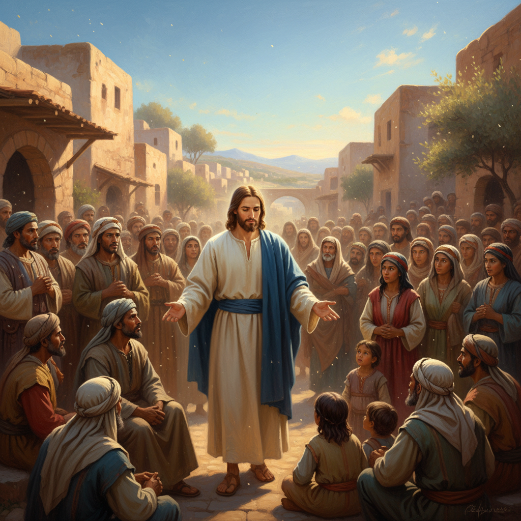 A vibrant illustration of Jesus, with a peaceful expression, standing amidst a diverse crowd of people listening intently. The setting is an ancient Judean village, with warm sunlight and a clear sky, showcasing a sense of hope and community. Textured background, no text, artistic rendering.