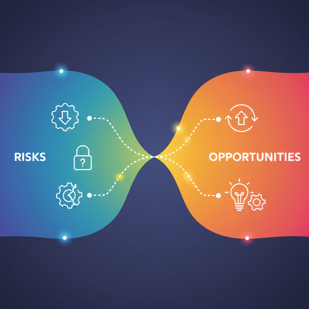 A balanced infographic depicting the risks and opportunities within prediction markets, bright and balanced lighting, vibrant gradient background, clean visual style, no text