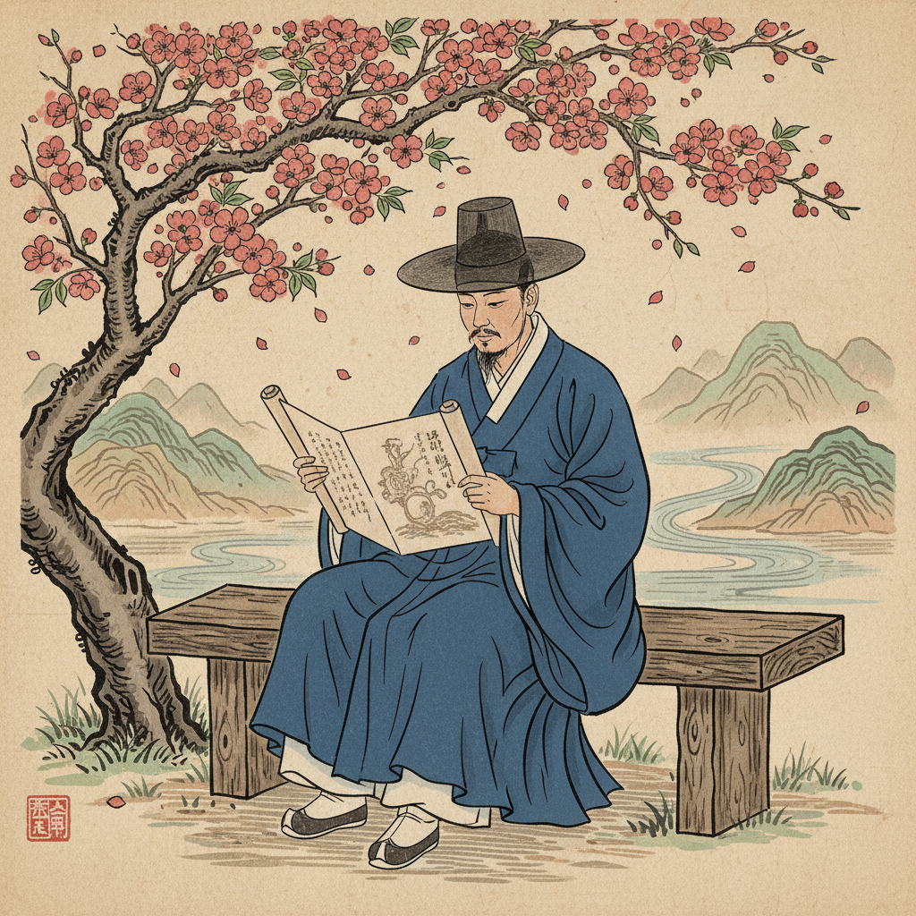 An artistic rendering of an ancient Korean scholar reading a scroll under a blooming tree, illustration, artistic rendering, textured background, no text