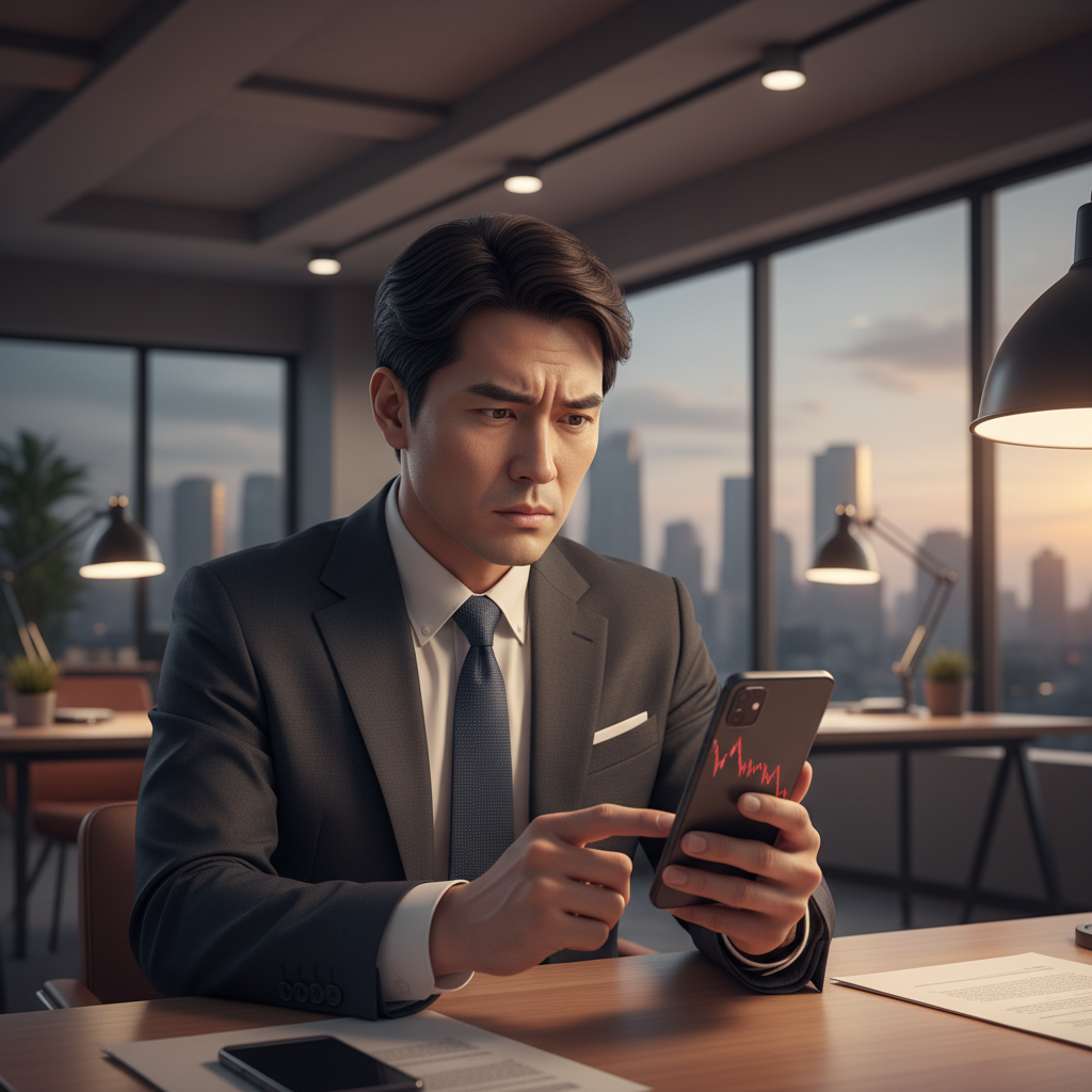 A Korean investor looking worriedly at a smartphone showing a falling stock chart, modern office background, soft warm lighting, no text