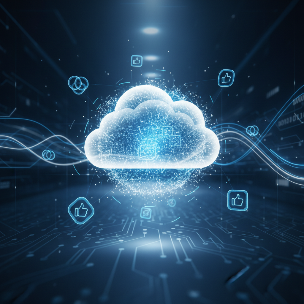 A modern tech background featuring a glowing cloud infrastructure and social media interface elements, high contrast, blue and white corporate colors, professional lighting, no text